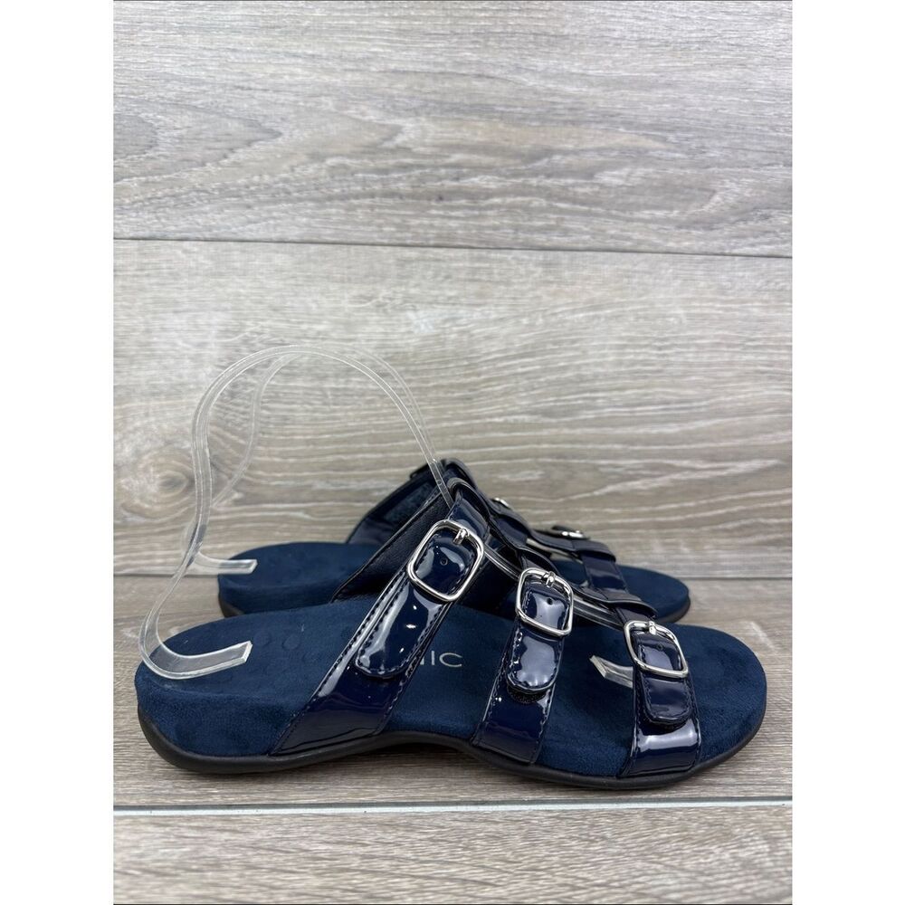 Vionic Misa Women’s Size 7 Wide Navy Patent Leather Hook & Loop Slip On Sandals